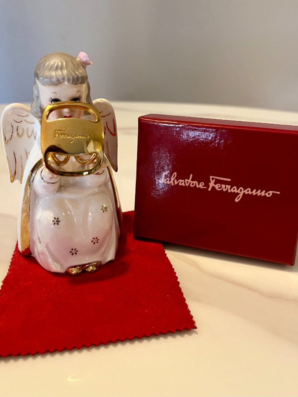 Salvatore Ferragamo Gold Vara Gancini Scarf Ring + Box & Cloth